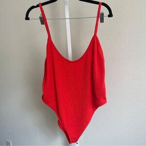 Good American 4XL Red Textured V-Neck 1 Piece Swimsuit High Cut Cheeky Plus Size